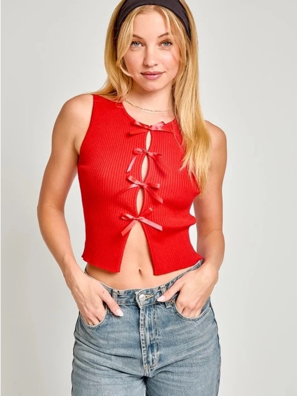 Le Lis Red Ribbon-Tie Ribbed Sleeveless Tank